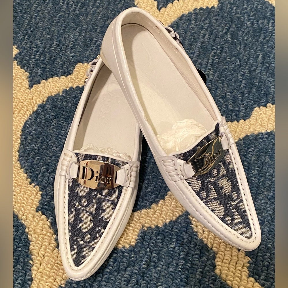 Christian Dior Trotter Pattern Shoes White Navy- Vintage Size 34 1/2